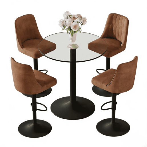 Conjunto de balcão de 89 cm - 4 bancos giratórios com tecido técnico castanho, estrutura metálica preta, mesa de vidro - Castanho+Preto, Transparente