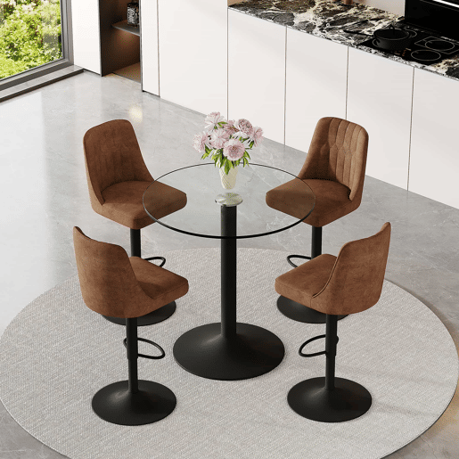 Conjunto de balcão de 89 cm - 4 bancos giratórios com tecido técnico castanho, estrutura metálica preta, mesa de vidro - Castanho+Preto, Transparente