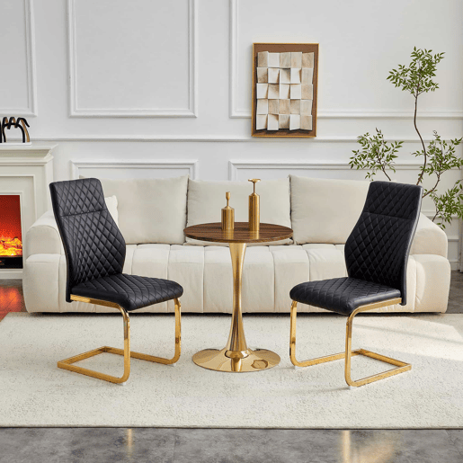 Conjunto de mesa e cadeiras de 60 cm - Mesa em MDF nogueira com pés dourados + 2 cadeiras pretas com padrão em losangos e estrutura dourada - Preto+Dourado, Nogueira
