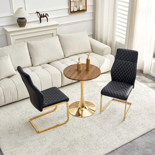 Conjunto de mesa e cadeiras de 60 cm - Mesa em MDF nogueira com pés dourados + 2 cadeiras pretas com padrão em losangos e estrutura dourada - Preto+Dourado, Nogueira