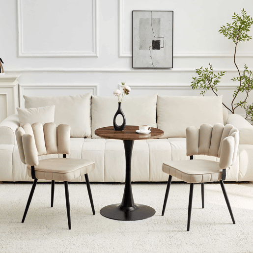 Conjunto de mesa e cadeiras de 60 cm - mesa redonda em MDF com base preta e 2 cadeiras de jantar com encosto em forma de pétala em veludo e pernas pretas - Light Coffee, Walnut+black