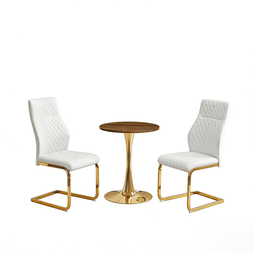 Conjunto de mesa e cadeiras de 60 cm - mesa em MDF com efeito de nogueira, pés dourados + 2 cadeiras brancas com padrão em losangos e estrutura dourada - Nogueira, Branco+Dourado