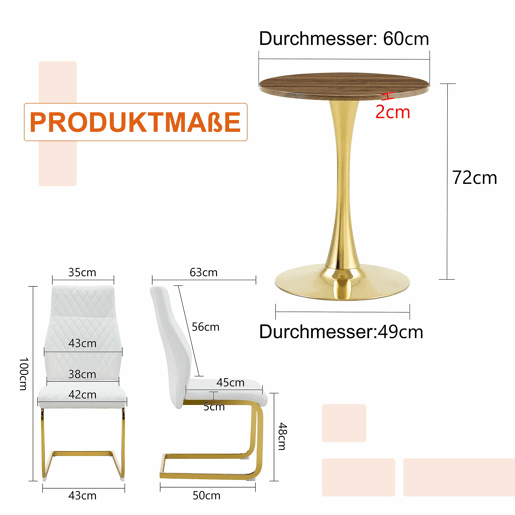 Conjunto de mesa e cadeiras de 60 cm - mesa em MDF com efeito de nogueira, pés dourados + 2 cadeiras brancas com padrão em losangos e estrutura dourada - Nogueira, Branco+Dourado