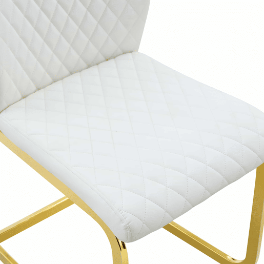 Conjunto de mesa e cadeiras de 60 cm - mesa em MDF com efeito de nogueira, pés dourados + 2 cadeiras brancas com padrão em losangos e estrutura dourada - Nogueira, Branco+Dourado