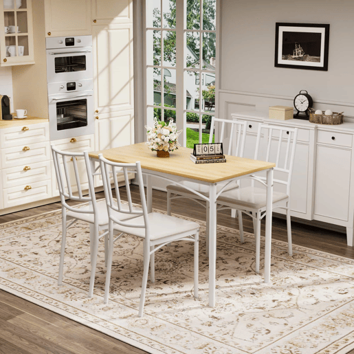 Conjunto de mesa de jantar 110 x 60 x 76,5 cm - Estilo industrial, 4 cadeiras de jantar - Natural e branco