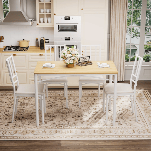 Conjunto de mesa de jantar 110 x 60 x 76,5 cm - Estilo industrial, 4 cadeiras de jantar - Natural e branco