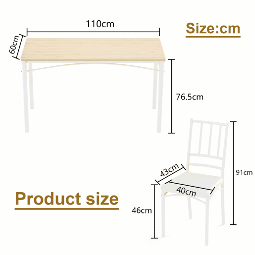 Conjunto de mesa de jantar 110 x 60 x 76,5 cm - Estilo industrial, 4 cadeiras de jantar - Natural e branco