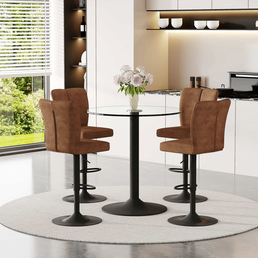 Conjunto de balcão de 89 cm - Mesa de vidro + 4 bancos giratórios com estrutura metálica preta e assento castanho - Castanho+Preto, Transparente