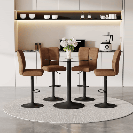 Conjunto de balcão de 89 cm - Mesa de vidro + 4 bancos giratórios com estrutura metálica preta e assento castanho - Castanho+Preto, Transparente