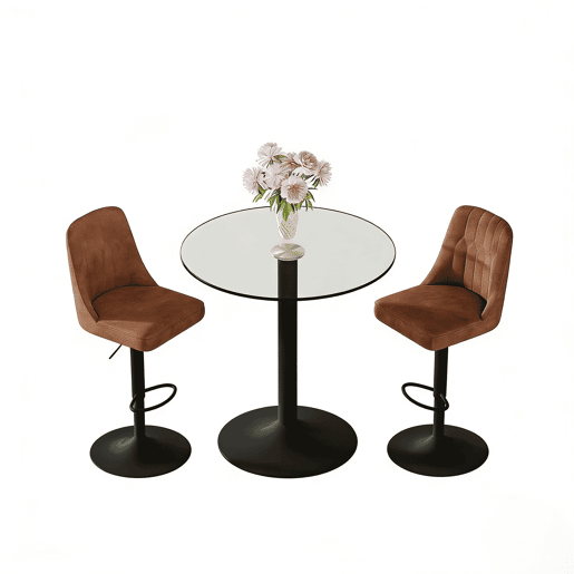 Conjunto de bar de 89 cm - Mesa de vidro com 2 bancos giratórios em tecido técnico castanho, estrutura metálica preta - Castanho+Preto+Transparente