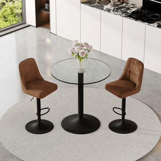 Conjunto de bar de 89 cm - Mesa de vidro com 2 bancos giratórios em tecido técnico castanho, estrutura metálica preta - Castanho+Preto+Transparente