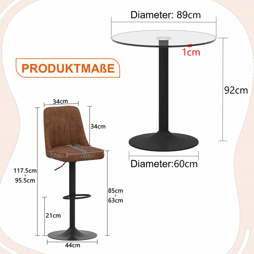 Conjunto de bar de 89 cm - Mesa de vidro com 2 bancos giratórios em tecido técnico castanho, estrutura metálica preta - Castanho+Preto+Transparente