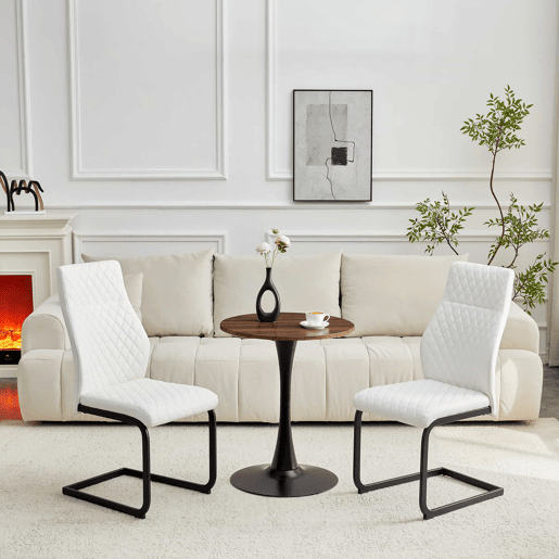 Conjunto de mesa e cadeiras de 60 cm - Mesa redonda em MDF com 2 cadeiras brancas com encosto em forma de losango - NogueiraBranco+Preto Conjunto de mesa e cadeiras de 60 cm - Mesa redonda em MDF com 2 cadeiras brancas com encosto em forma de losango - NogueiraBranco+Preto