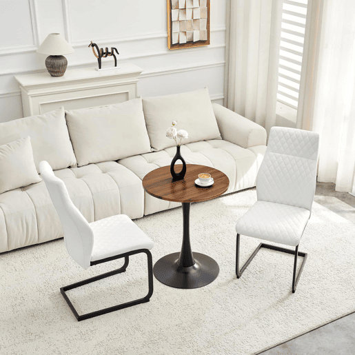 Conjunto de mesa e cadeiras de 60 cm - Mesa redonda em MDF com 2 cadeiras brancas com encosto em forma de losango - NogueiraBranco+Preto Conjunto de mesa e cadeiras de 60 cm - Mesa redonda em MDF com 2 cadeiras brancas com encosto em forma de losango - NogueiraBranco+Preto
