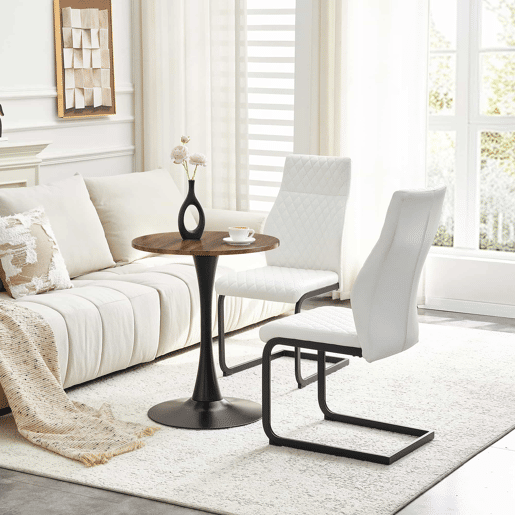 Conjunto de mesa e cadeiras de 60 cm - Mesa redonda em MDF com 2 cadeiras brancas com encosto em forma de losango - NogueiraBranco+Preto Conjunto de mesa e cadeiras de 60 cm - Mesa redonda em MDF com 2 cadeiras brancas com encosto em forma de losango - NogueiraBranco+Preto