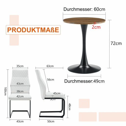 Conjunto de mesa e cadeiras de 60 cm - Mesa redonda em MDF com 2 cadeiras brancas com encosto em forma de losango - NogueiraBranco+Preto Conjunto de mesa e cadeiras de 60 cm - Mesa redonda em MDF com 2 cadeiras brancas com encosto em forma de losango - NogueiraBranco+Preto