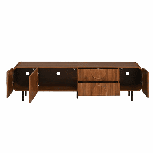 Móvel de TV com 3 portas e 2 gavetas - estilo Mid-Century, ranhuras verticais, relevos em arco, cantos arredondados, pés metálicos, passagem para cabos, móvel de sala - Nogueira