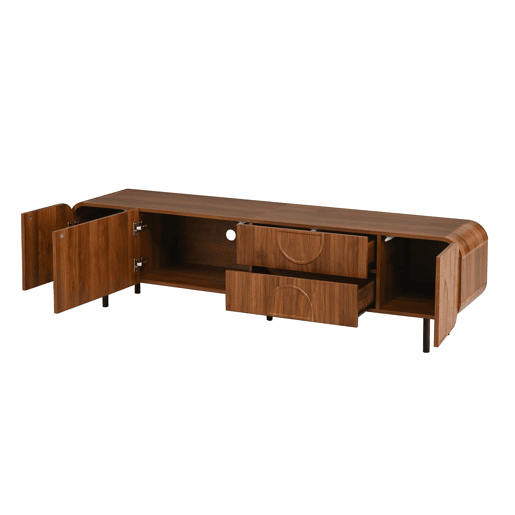 Móvel de TV com 3 portas e 2 gavetas - estilo Mid-Century, ranhuras verticais, relevos em arco, cantos arredondados, pés metálicos, passagem para cabos, móvel de sala - Nogueira