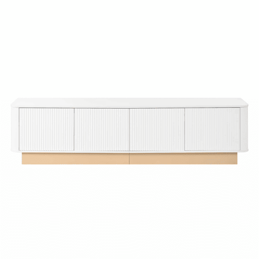 Móvel para TV de 200 cm - Estilo luxuoso com acabamento canelado, 4 portas, grande capacidade de arrumação, prateleiras com altura ajustável, cantos arredondados, design minimalista moderno, MDF - Branco Móvel para TV de 200 cm - Estilo luxuoso com acabamento canelado, 4 portas, grande capacidade de arrumação, prateleiras com altura ajustável, cantos arredondados, design minimalista moderno, MDF - Branco