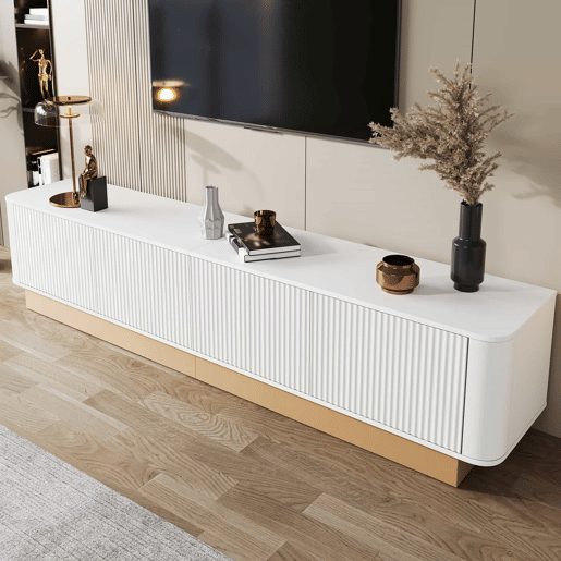 Móvel para TV de 200 cm - Estilo luxuoso com acabamento canelado, 4 portas, grande capacidade de arrumação, prateleiras com altura ajustável, cantos arredondados, design minimalista moderno, MDF - Branco Móvel para TV de 200 cm - Estilo luxuoso com acabamento canelado, 4 portas, grande capacidade de arrumação, prateleiras com altura ajustável, cantos arredondados, design minimalista moderno, MDF - Branco