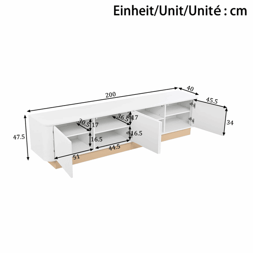 Móvel para TV de 200 cm - Estilo luxuoso com acabamento canelado, 4 portas, grande capacidade de arrumação, prateleiras com altura ajustável, cantos arredondados, design minimalista moderno, MDF - Branco Móvel para TV de 200 cm - Estilo luxuoso com acabamento canelado, 4 portas, grande capacidade de arrumação, prateleiras com altura ajustável, cantos arredondados, design minimalista moderno, MDF - Branco