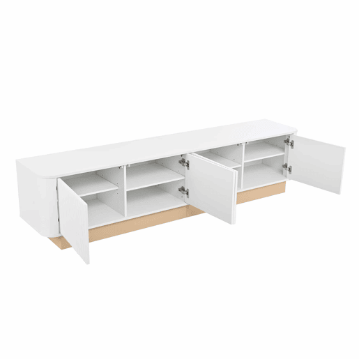 Móvel para TV de 200 cm - Estilo luxuoso com acabamento canelado, 4 portas, grande capacidade de arrumação, prateleiras com altura ajustável, cantos arredondados, design minimalista moderno, MDF - Branco Móvel para TV de 200 cm - Estilo luxuoso com acabamento canelado, 4 portas, grande capacidade de arrumação, prateleiras com altura ajustável, cantos arredondados, design minimalista moderno, MDF - Branco