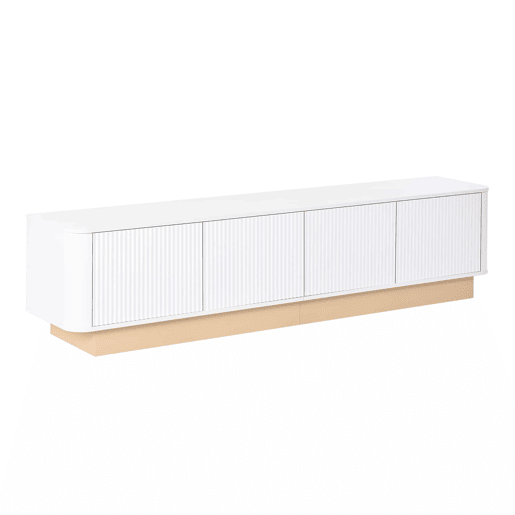 Móvel para TV de 200 cm - Estilo luxuoso com acabamento canelado, 4 portas, grande capacidade de arrumação, prateleiras com altura ajustável, cantos arredondados, design minimalista moderno, MDF - Branco Móvel para TV de 200 cm - Estilo luxuoso com acabamento canelado, 4 portas, grande capacidade de arrumação, prateleiras com altura ajustável, cantos arredondados, design minimalista moderno, MDF - Branco