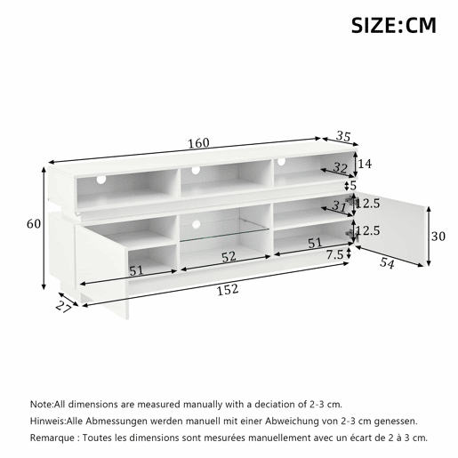 Móvel para TV 160 x 35 x 60 cm - suporte para TV de perfil baixo com prateleira em vidro temperado, acabamento de alto brilho, iluminação LED, MDF, adequado para TVs de 60 polegadas - branco