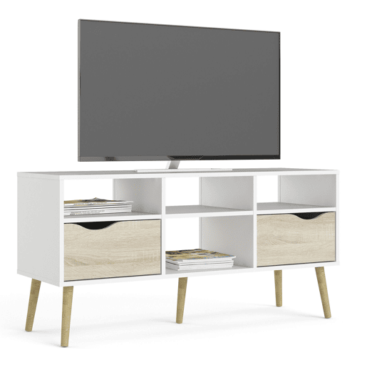 Móvel de TV para sala Tajo, com prateleiras e 2 gavetas, cor Branco e Carvalho Patinado, 118 x 40 x 58 cm