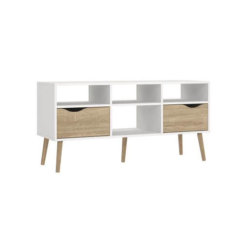 Móvel de TV para sala Tajo, com prateleiras e 2 gavetas, cor Branco e Carvalho Patinado, 118 x 40 x 58 cm