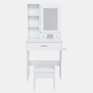 Mesa de maquilhagem 60x131,5 - Espelho, iluminação LED regulável, tomada, suporte para secador e banco almofadado - Branco