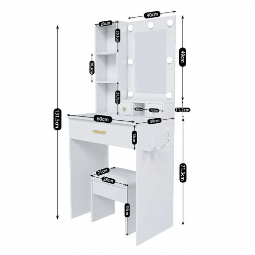 Mesa de maquilhagem 60x131,5 - Espelho, iluminação LED regulável, tomada, suporte para secador e banco almofadado - Branco