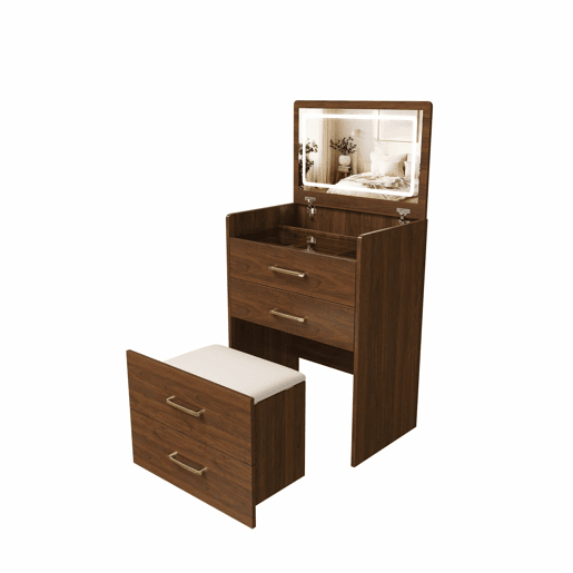 Mesa de maquilhagem 60 x 118 x 40 cm - 3 em 1 com espelho aberto, tampo em vidro, 3 gavetas, design compacto - cor nogueira