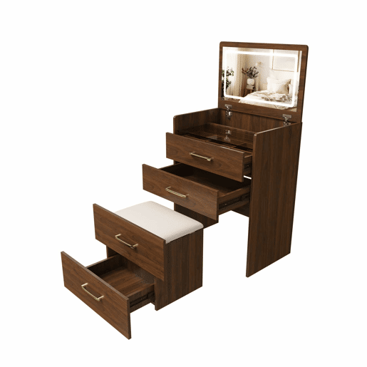 Mesa de maquilhagem 60 x 118 x 40 cm - 3 em 1 com espelho aberto, tampo em vidro, 3 gavetas, design compacto - cor nogueira