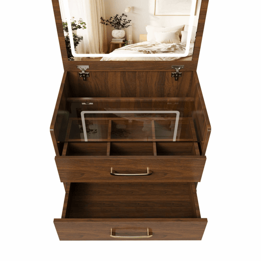 Mesa de maquilhagem 60 x 118 x 40 cm - 3 em 1 com espelho aberto, tampo em vidro, 3 gavetas, design compacto - cor nogueira