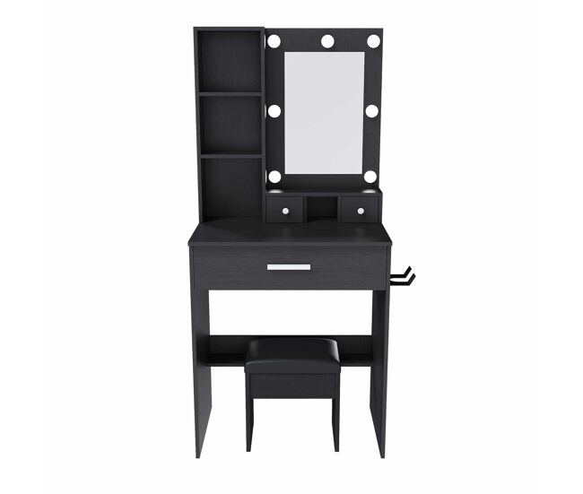 Consola de tocador 60x131,5 - con espejo, iluminación led ajustable, enchufe, soporte para secador de pelo y taburete acolchado - color negro