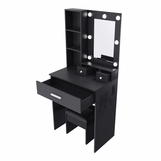 Mesa de maquilhagem 60 x 131,5 cm u2013 com espelho, iluminação LED regulável, tomada, suporte para secador de cabelo e banco almofadado u2013 cor preta