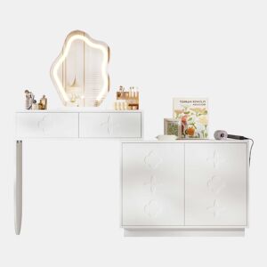Penteadeira com espelho LED 160 x 40 x 132 cm - iluminação LED regulável com 3 intensidades, 2 gavetas, armário com 4 compartimentos - Branco