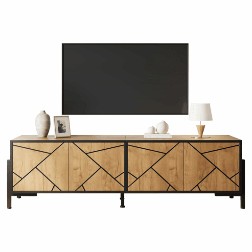 Móvel baixo para televisão 153 x 40 x 50 cm - 4 portas, design geométrico contrastante, adequado para televisores de 65 polegadas, linhas pretas - madeira natural