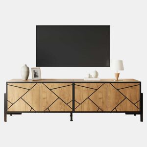 Móvel baixo para televisão 153 x 40 x 50 cm - 4 portas, design geométrico contrastante, adequado para televisores de 65 polegadas, linhas pretas - madeira natural