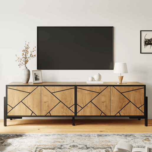 Móvel baixo para televisão 153 x 40 x 50 cm - 4 portas, design geométrico contrastante, adequado para televisores de 65 polegadas, linhas pretas - madeira natural