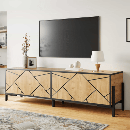 Móvel baixo para televisão 153 x 40 x 50 cm - 4 portas, design geométrico contrastante, adequado para televisores de 65 polegadas, linhas pretas - madeira natural