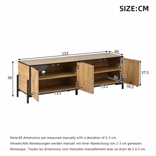 Móvel baixo para televisão 153 x 40 x 50 cm - 4 portas, design geométrico contrastante, adequado para televisores de 65 polegadas, linhas pretas - madeira natural