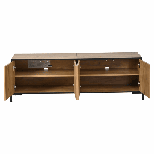 Móvel baixo para televisão 153 x 40 x 50 cm - 4 portas, design geométrico contrastante, adequado para televisores de 65 polegadas, linhas pretas - madeira natural