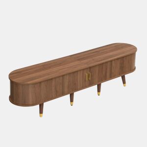 Conjunto de sala de estar de 3 peças - mesa de centro com altura ajustável, móvel de TV, aparador, portas de correr, acabamento com ranhuras verticais, pés em madeira, puxadores dourados, espaço de arrumação - Nogueira