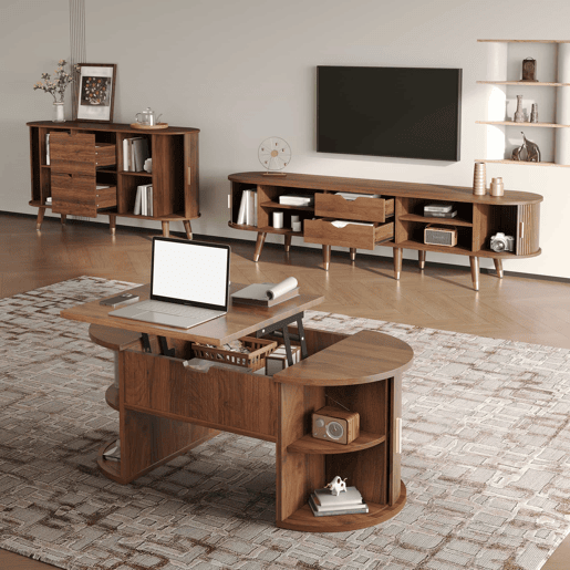 Conjunto de sala de estar de 3 peças - mesa de centro com altura ajustável, móvel de TV, aparador, portas de correr, acabamento com ranhuras verticais, pés em madeira, puxadores dourados, espaço de arrumação - Nogueira