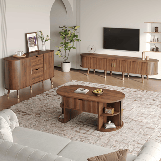 Conjunto de sala de estar de 3 peças - mesa de centro com altura ajustável, móvel de TV, aparador, portas de correr, acabamento com ranhuras verticais, pés em madeira, puxadores dourados, espaço de arrumação - Nogueira