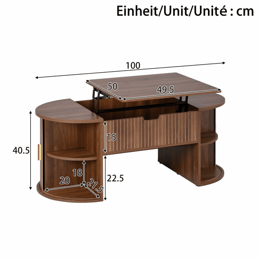 Conjunto de sala de estar de 3 peças - mesa de centro com altura ajustável, móvel de TV, aparador, portas de correr, acabamento com ranhuras verticais, pés em madeira, puxadores dourados, espaço de arrumação - Nogueira