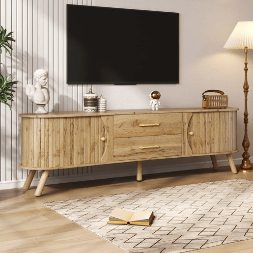 Móvel de TV oval - com portas de correr e gavetas, relevo com linhas verticais, pés em madeira maciça, estilo escandinavo moderno - natural