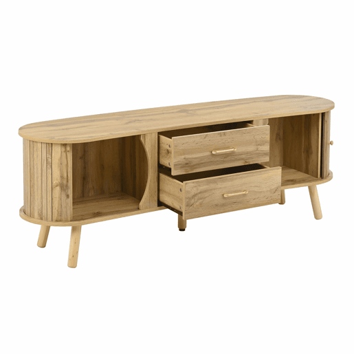 Móvel de TV oval - com portas de correr e gavetas, relevo com linhas verticais, pés em madeira maciça, estilo escandinavo moderno - natural